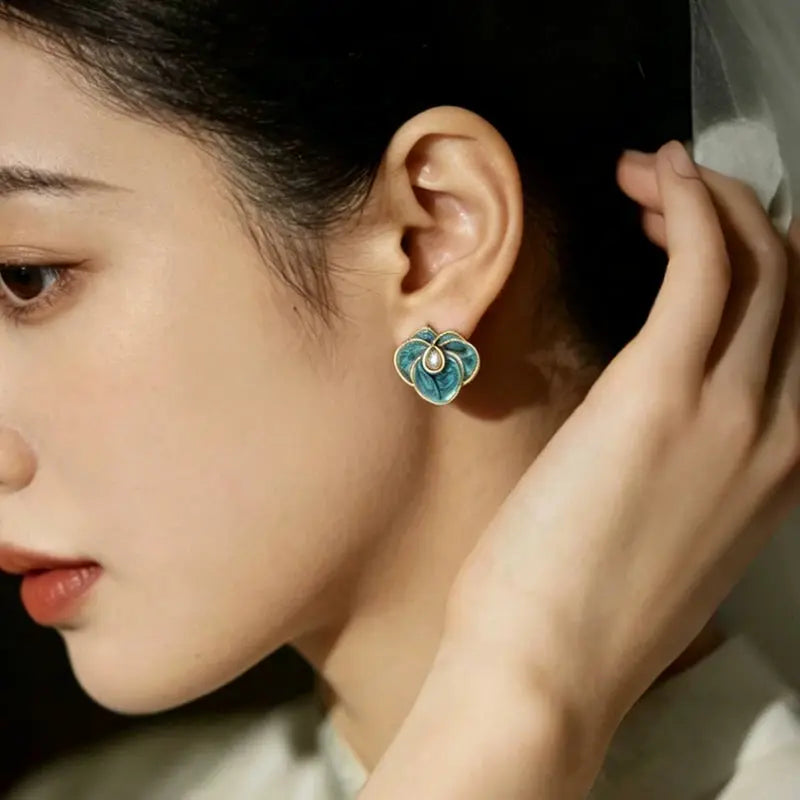 The Tranquil Camellia Hand-Painted Enamel Earrings ZANYÉ