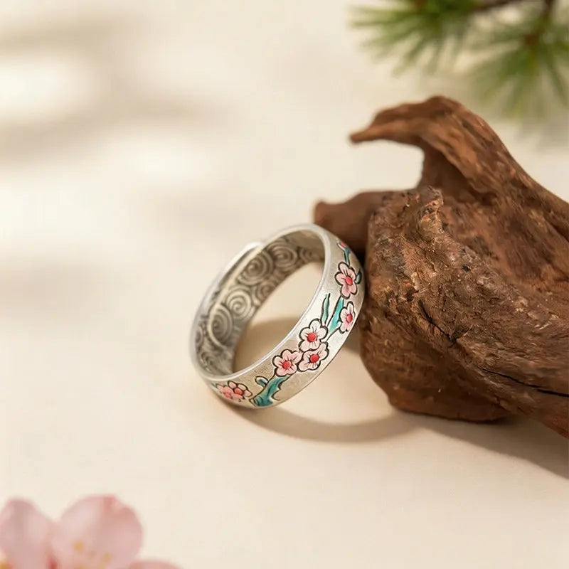 The Resilient Plum Blossom Cloisonné Silver Ring ZANYÉ