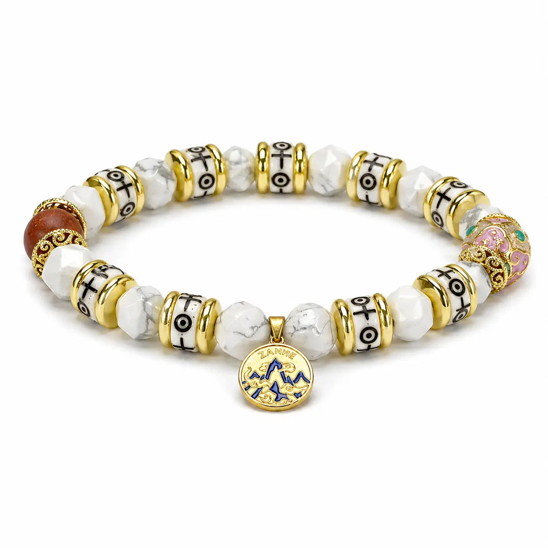 White turquoise bracelet with pink cloisonné and ZANYÉ amulet – The Snowy Dawn