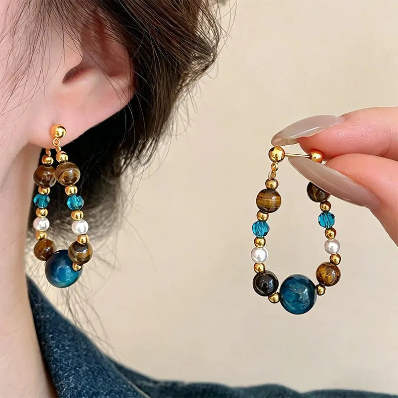 The Ocean Luminary - Blue Tiger's Eye & Freshwater Pearl Drop Earrings ZANYÉ