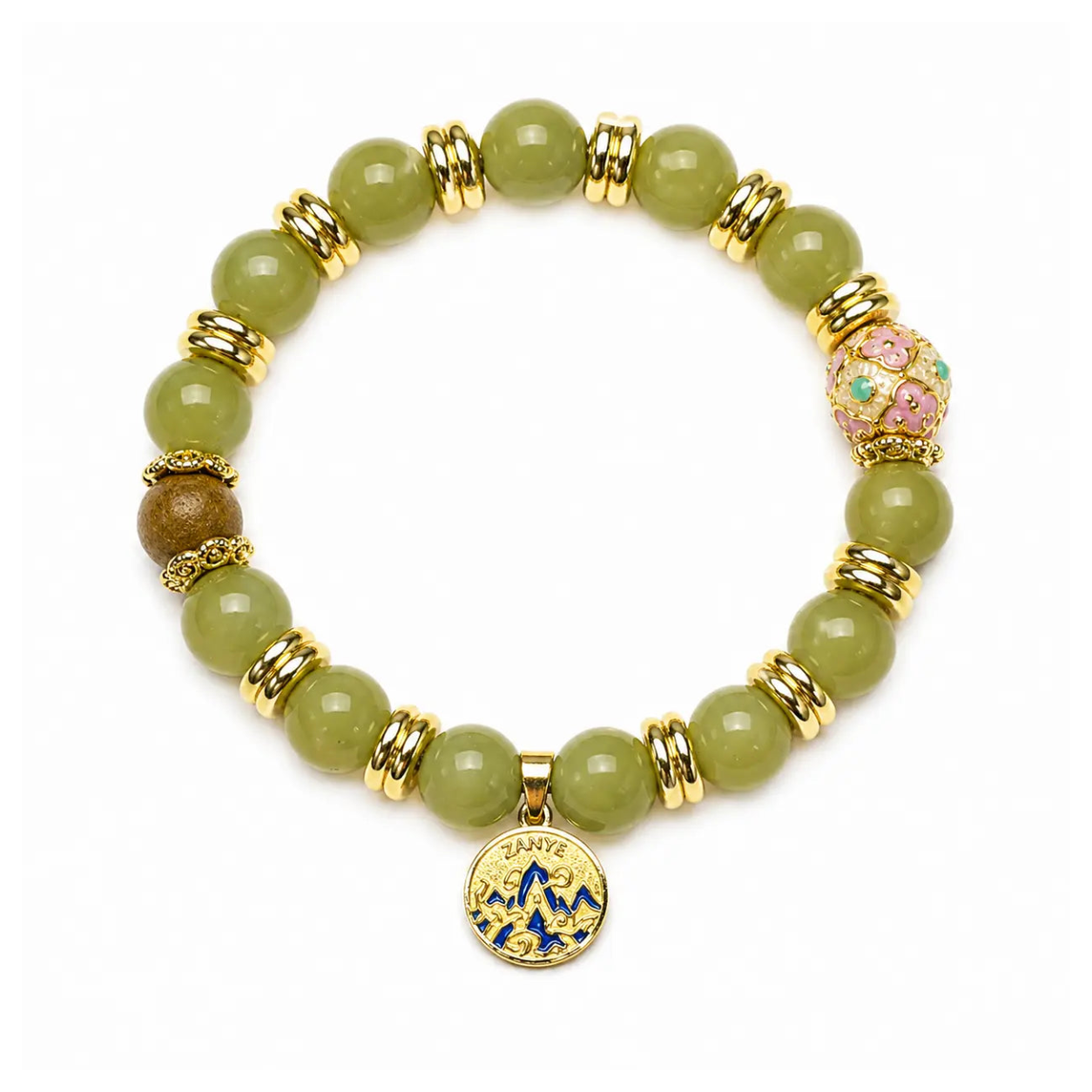 The Verdant Path - Avocado Alashan Agate & Pink Cloisonné Archive Bracelet ZANYÉ