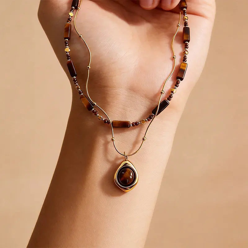 The Desert Horizon - Double-Layered Layering Tiger's Eye Pendant Necklace ZANYÉ