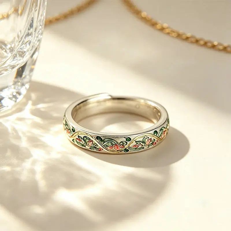 The Verdant Vine Cloisonné Silver Ring ZANYÉ