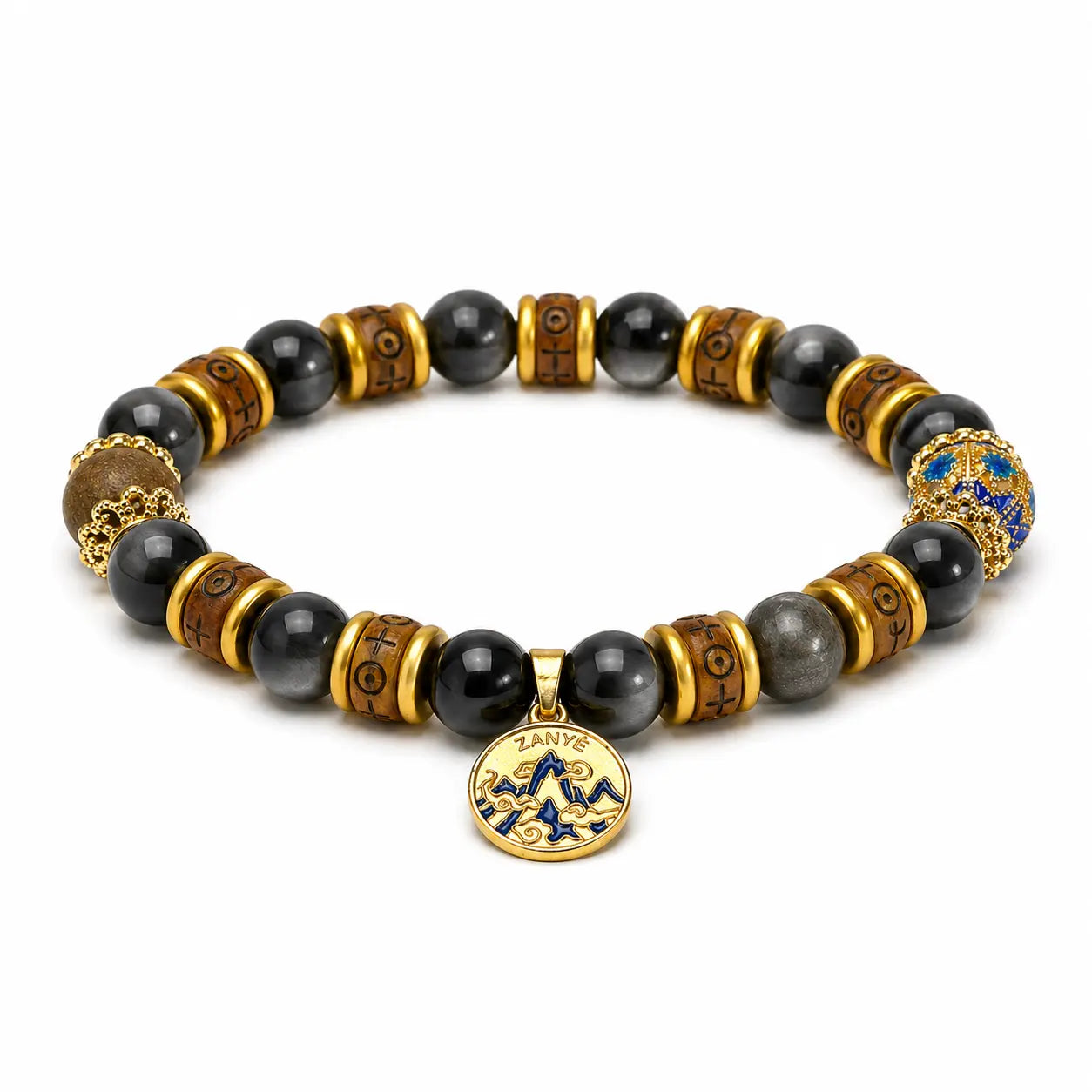 The Lunar Shield - Silver Sheen Obsidian & Blue Cloisonné Archive Bracelet ZANYÉ
