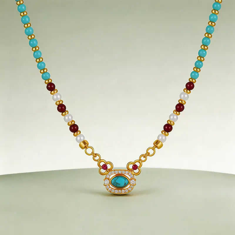 The Azure Talisman - Natural Turquoise & Crystal Pearl Necklace ZANYÉ