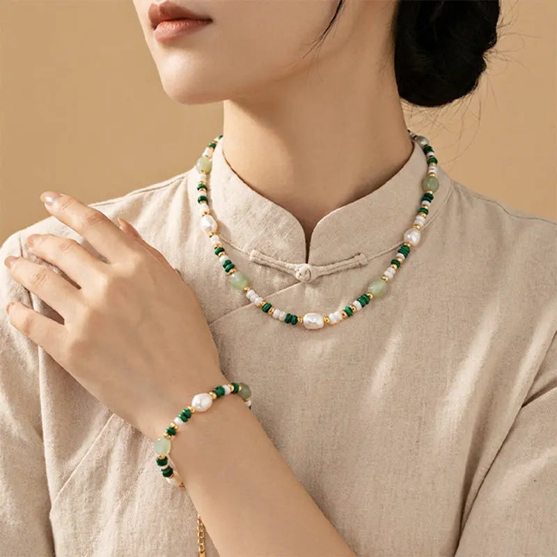 Echo of the Grove - Malachite, Aventurine & Pearl Necklace ZANYÉ