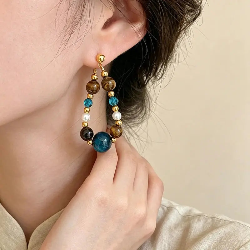 The Ocean Luminary - Blue Tiger's Eye & Freshwater Pearl Drop Earrings ZANYÉ