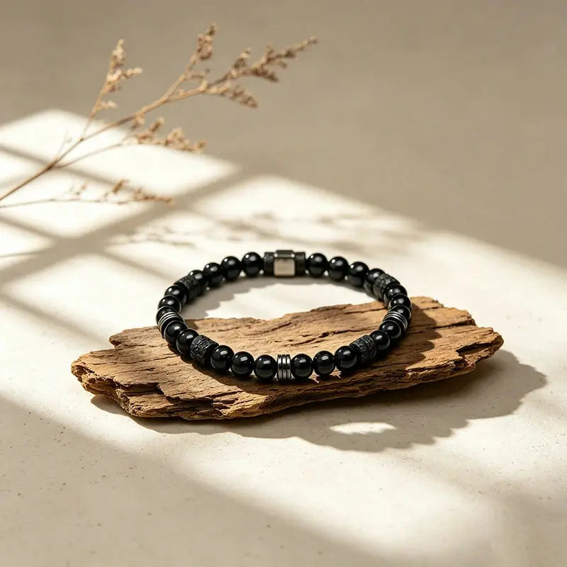 The Abyssal Peak - Cylindrical Black Tourmaline & Lava Stone Bracelet ZANYÉ