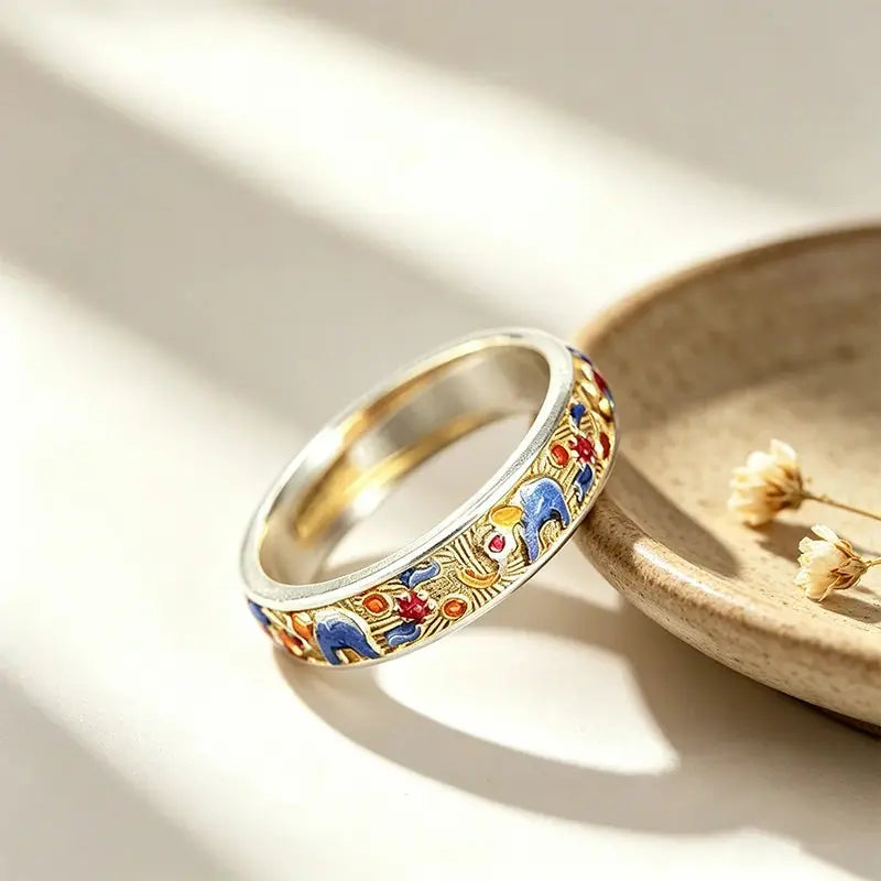 The Auspicious Elephant Cloisonné Silver Ring ZANYÉ