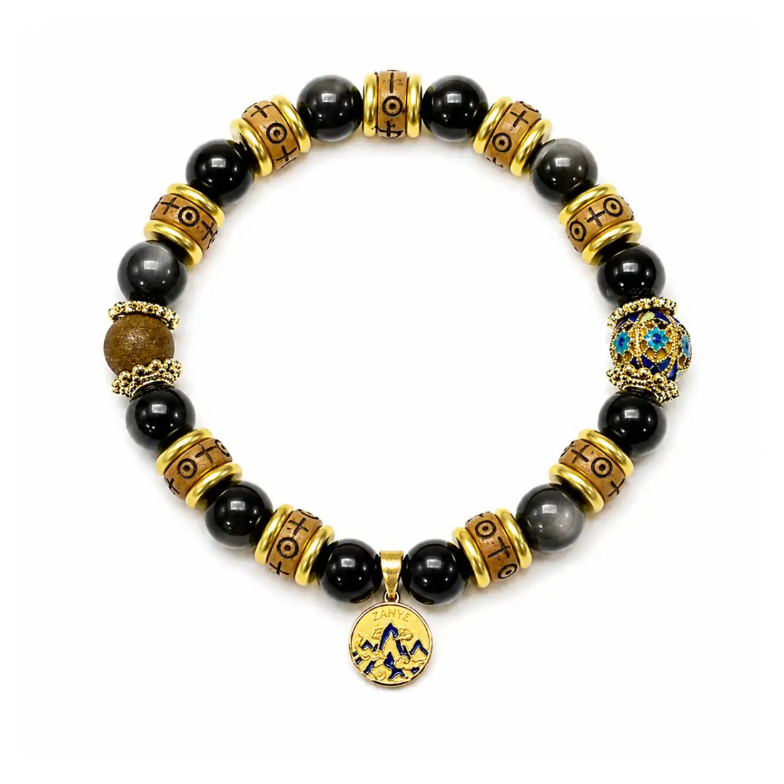The Lunar Shield - Silver Sheen Obsidian & Blue Cloisonné Archive Bracelet ZANYÉ