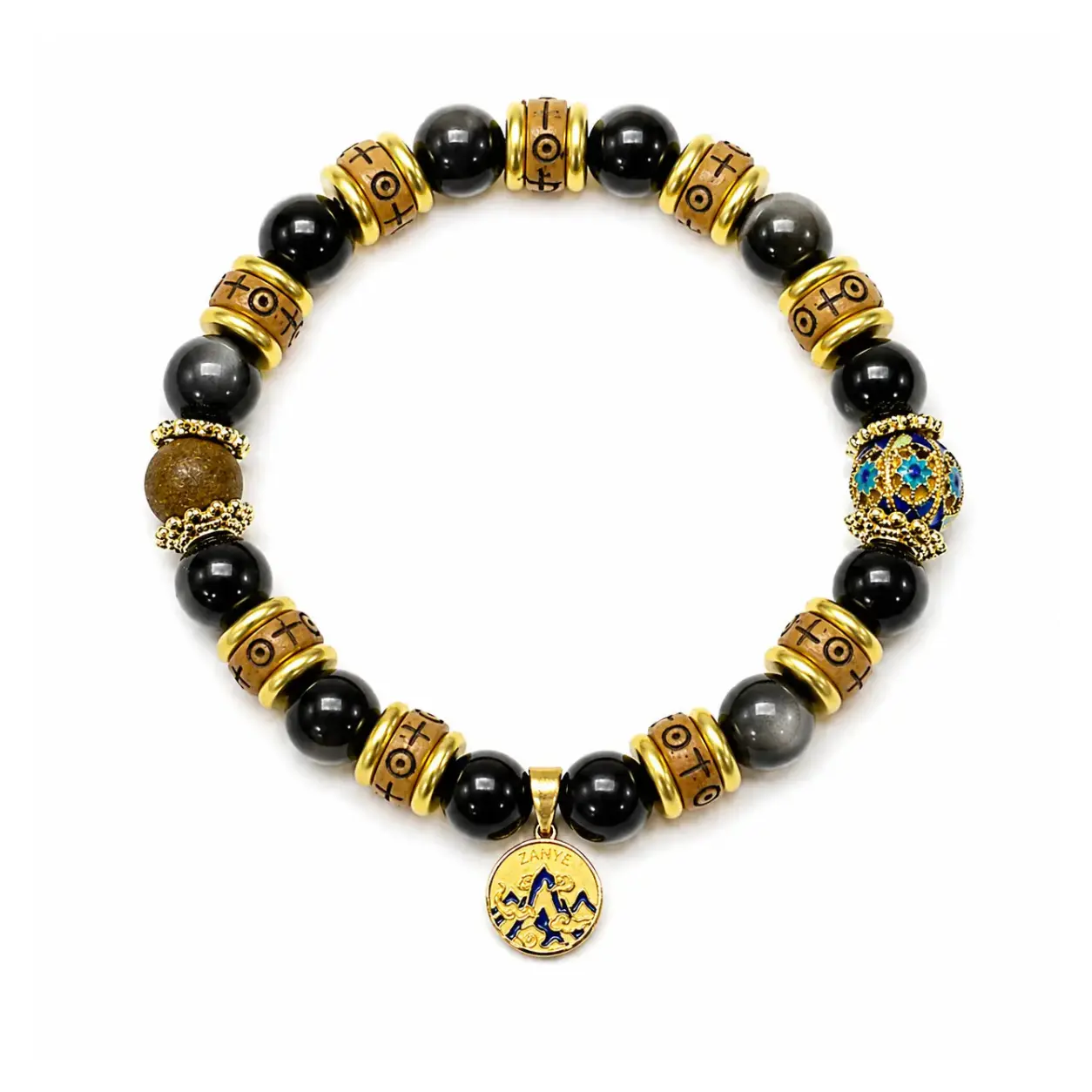 The Lunar Shield - Silver Sheen Obsidian & Blue Cloisonné Archive Bracelet ZANYÉ