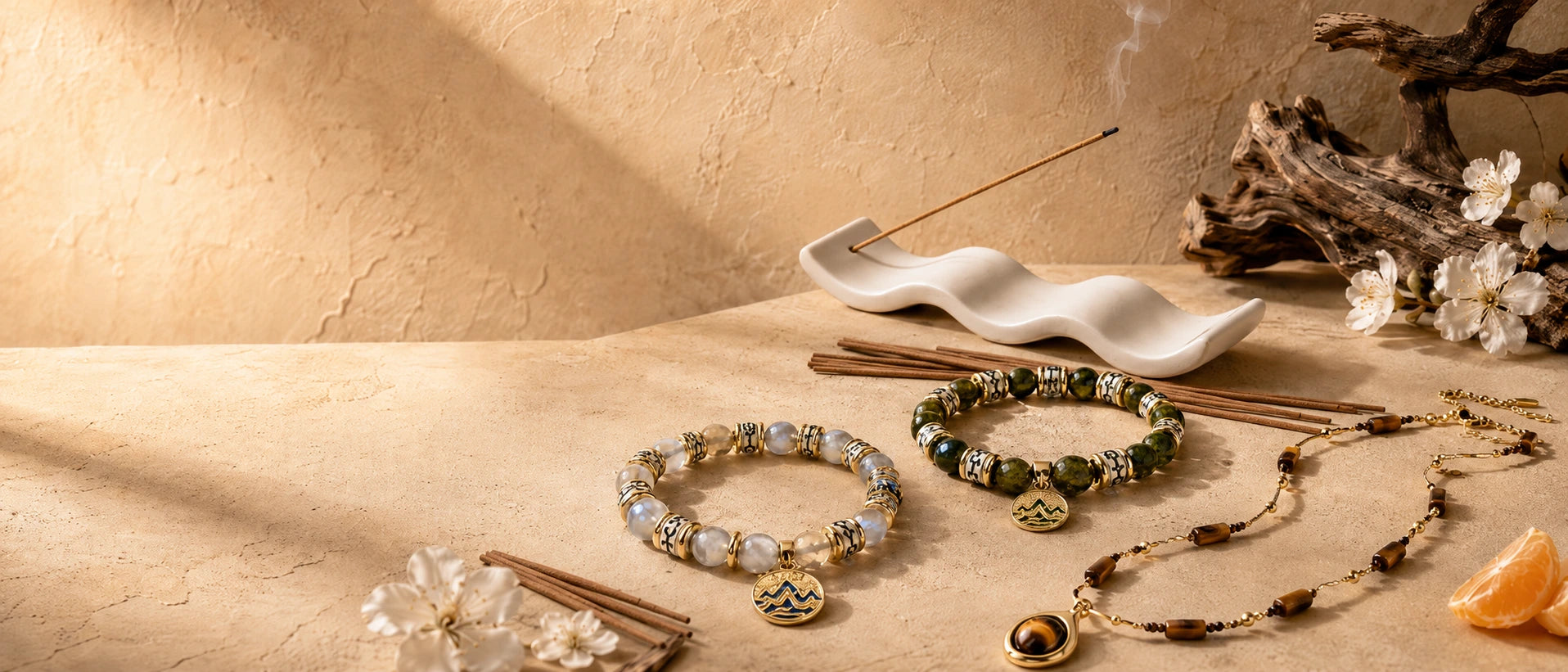 Beaded spiritual charm bracelets, a tiger's eye necklace, and a ceramic incense burner by ZANYÉ.