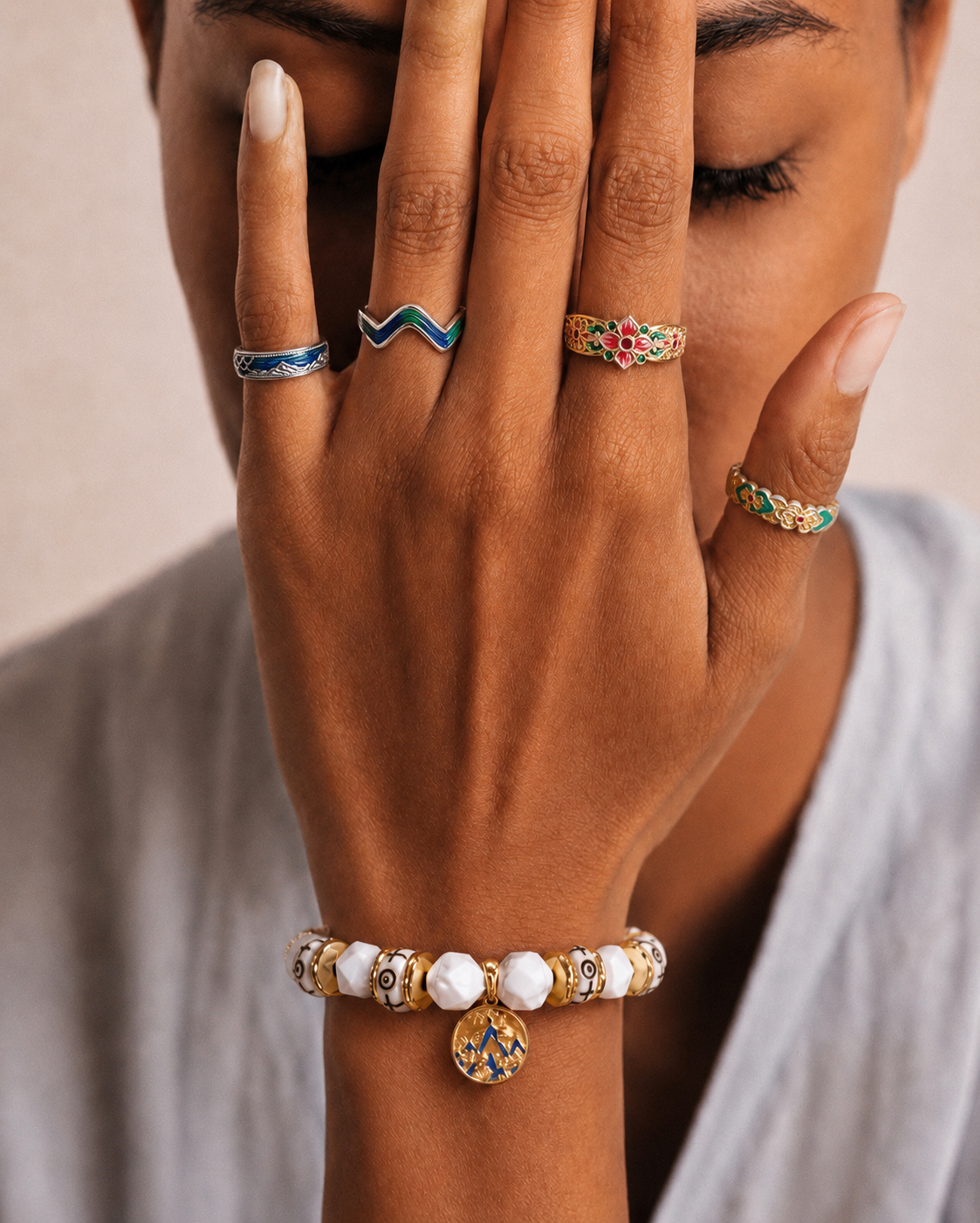 The Snowy Dawn - White Turquoise & Pink Cloisonné Amulet Bracelet